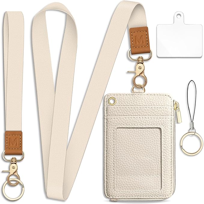 Piefly Lanyard Wallet with ID Badge Holder, Small RFID Credit Card Holder Women Keychain Wristlet, Slim Card Organizer with Zipper Pocket Phone Lanyard Wrist Strap Name Tag Woman Office Teacher Gift