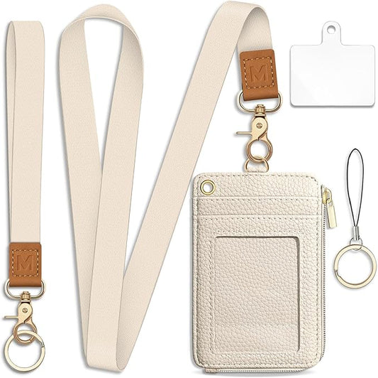 Piefly Lanyard Wallet with ID Badge Holder, Small RFID Credit Card Holder Women Keychain Wristlet, Slim Card Organizer with Zipper Pocket Phone Lanyard Wrist Strap Name Tag Woman Office Teacher Gift