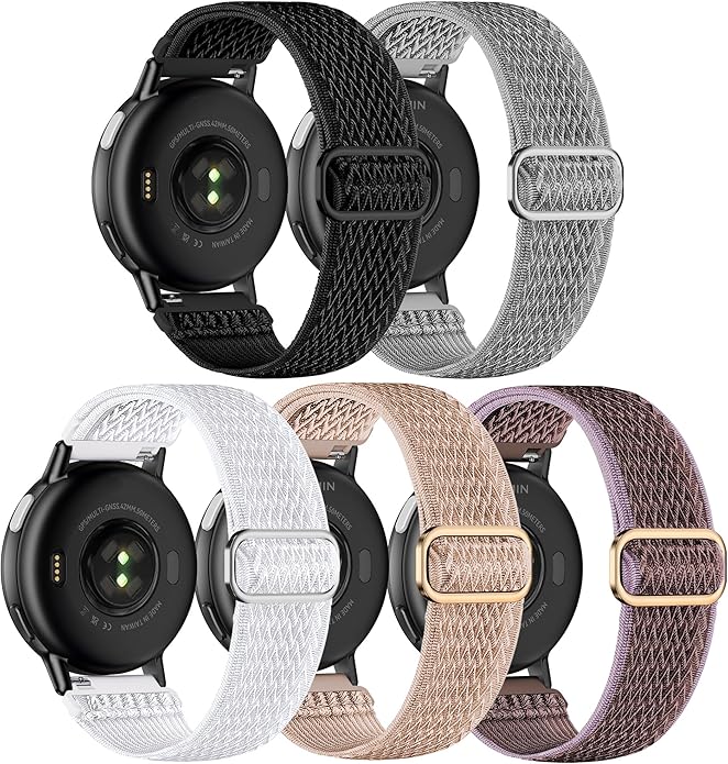 5 Pack Stretchy Nylon Watch Bands Compatible with Garmin Vivoactive 5/6/Forerunner 55/165,20mm Soft Elastic Fabric Adjustable Replacement Sport Straps for Garmin Venu Sq 2 Women Men