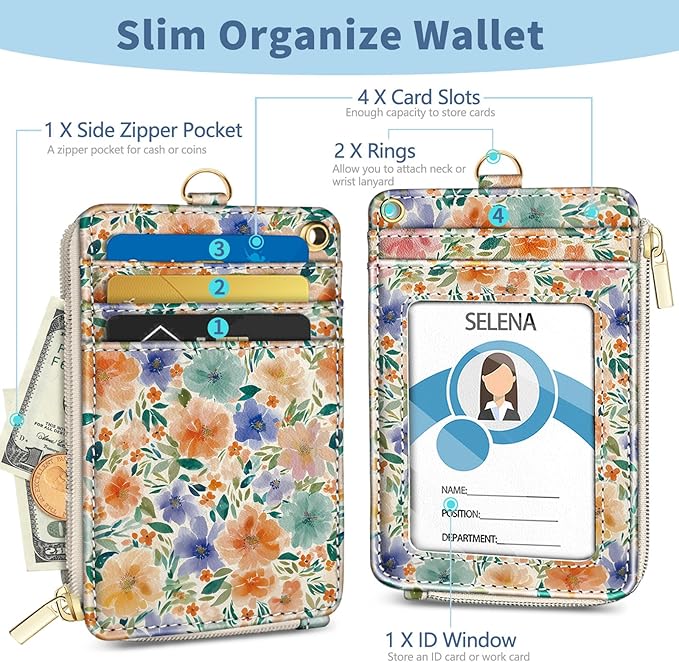 Lanyard Wallet with Id Badge Holder, Flower RFID Small Keychain Wallet Women Wristlet, Cute Zipper Credit Card Holder Phone Wrist Neck Strap for Key Name Tag, Teacher Student Office Gifts