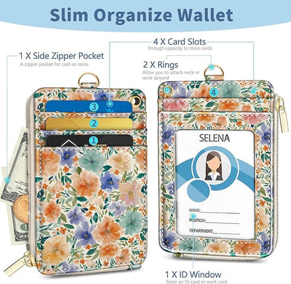 Lanyard Wallet with Id Badge Holder, Flower RFID Small Keychain Wallet Women Wristlet, Cute Zipper Credit Card Holder Phone Wrist Neck Strap for Key Name Tag, Teacher Student Office Gifts