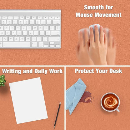 Hsurbtra Desk Pad, 35.5" x 17" PU Leather Desk Mat, XXL Extended Mouse Pad, Waterproof Desktop Blotter Protector, Non-Slip Ultra Thin Large Laptop Keyboard Writing Mat for Office Home, Orange Pink