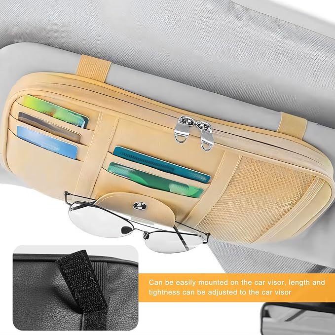 Car Sun Visor Organizer, Multi-Pocket Leather Auto Storage Pouch with Glasses Clip & Zippers, Multifunctional Sun Visor Storage Bag Ticket Organizer for Cars Trucks SUVs (Beige)