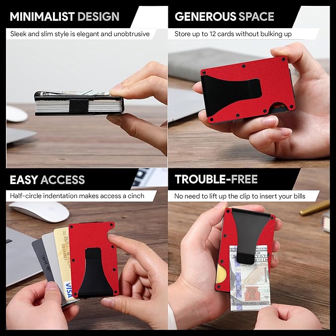 Minimalist Slim Wallet for Men,RFID Blocking Metal Wallet,Aluminum Credit Card Holder & Money Clip 12-15 Cards,Slim Rfid Front Pocket Mens Wallet,Matt Red