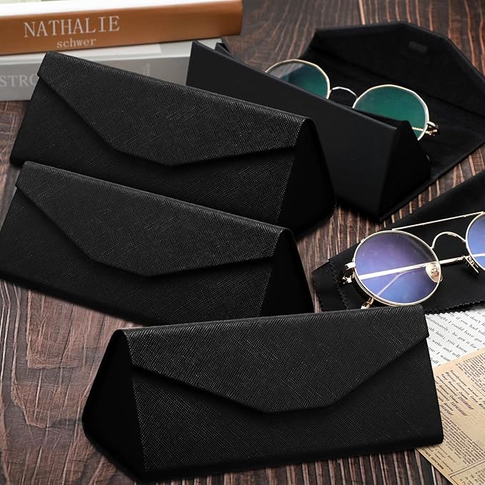 Flutesan 4 Pack Foldable Glasses Sunglasses Case PU Hard Shell Collapsible Eyeglasses Leather Case 4 Cleaning Cloths