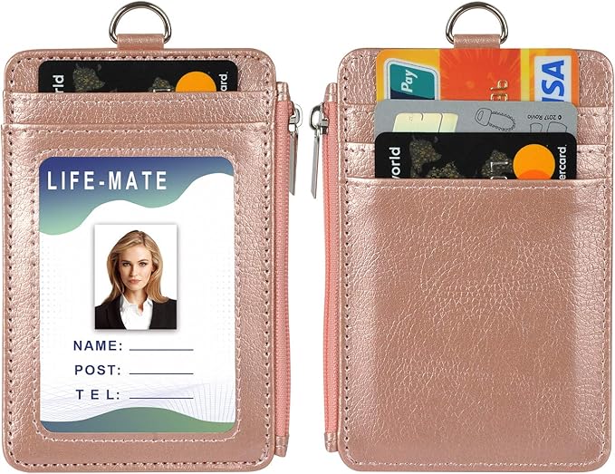 Badge Holder with Zipper, Life-Mate PU Leather ID Badge Card Holder Wallet Case with 5 Card Slots Zipper Pocket 19" Polyester Neck Lanyard Heavy Duty Metal Retractable Badge Reel (Rose Gold)