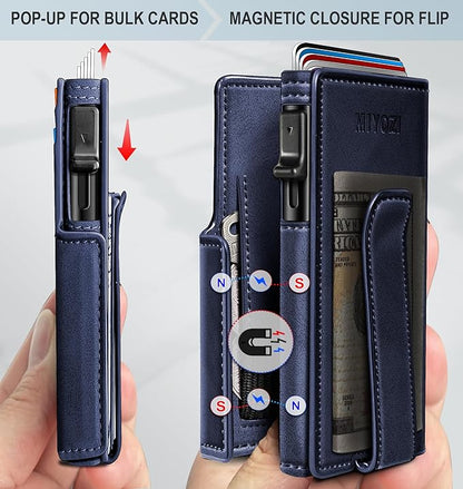 miyozi Wallet for Men, Magnetic Minimalist Slim Wallet with Pop Up Card Holder, 9 Cards RFID Blocking Metal Credit Card Case, Leather Wrapped Money Clip, ID Window & Small Item Slot, Gift Boxed