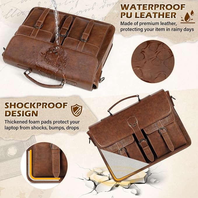 RAINSMORE Messenger Bag for Men 18 Inch Vintage Leather Laptop Briefcase Large Laptop Bag Waterproof Computer Satchel for Office Work Travel College, Brown