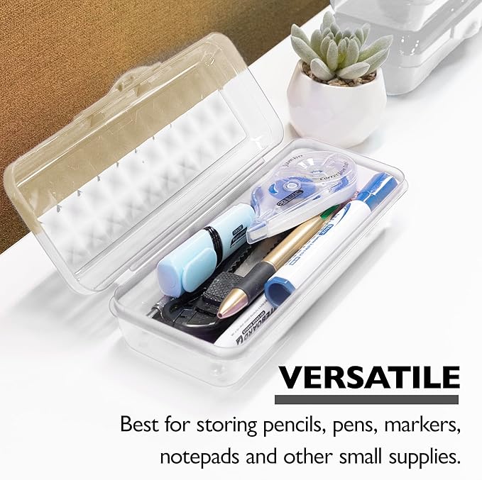BAZIC PRODUCTS Plastic Pencil Case, Multi Purpose Organizer & Supply Holder, Clear Box Design, Durable Plastic Storage for School, Office, Classroom & Craft Supplies, 4-Pack