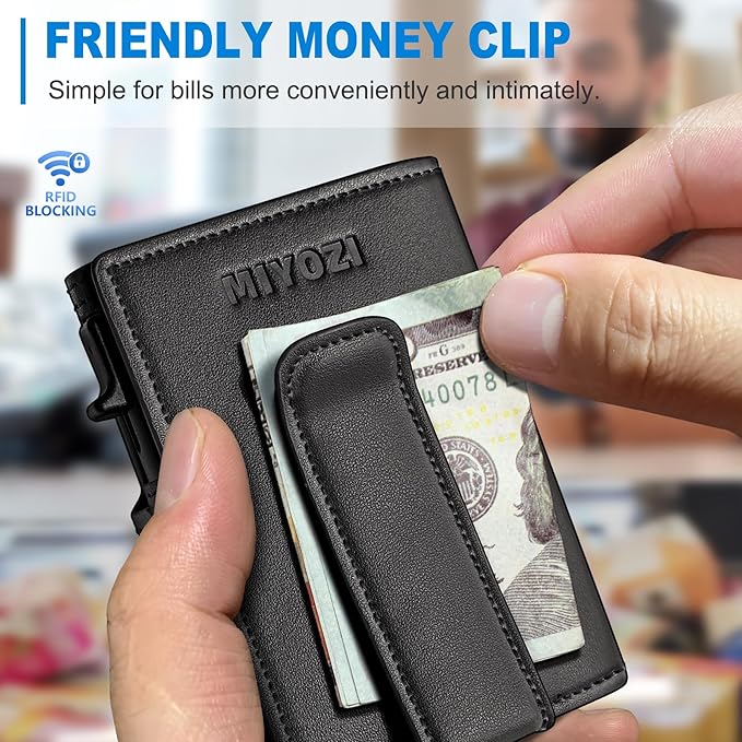 miyozi Wallet for Men, Magnetic Minimalist Slim Wallet with Pop Up Card Holder, 9 Cards RFID Blocking Metal Credit Card Case, Leather Wrapped Money Clip, ID Window & Small Item Slot, Gift Boxed