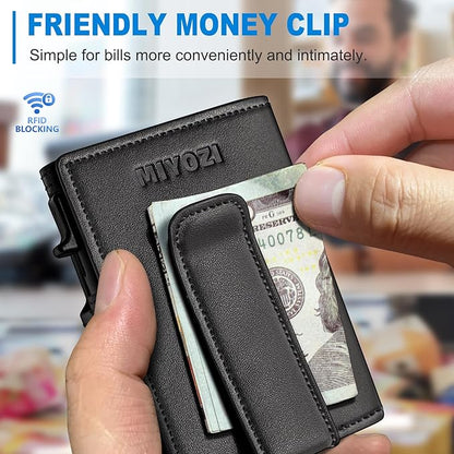 miyozi Wallet for Men, Magnetic Minimalist Slim Wallet with Pop Up Card Holder, 9 Cards RFID Blocking Metal Credit Card Case, Leather Wrapped Money Clip, ID Window & Small Item Slot, Gift Boxed