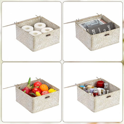 Hipiwe Wicker Shelf Basket Bin Square Handwoven Seagrass Storage Basket with Lid Home Organize Box for Bookshelf Living Room Bath Room Multipurpose Basket Container, Whitewash Large