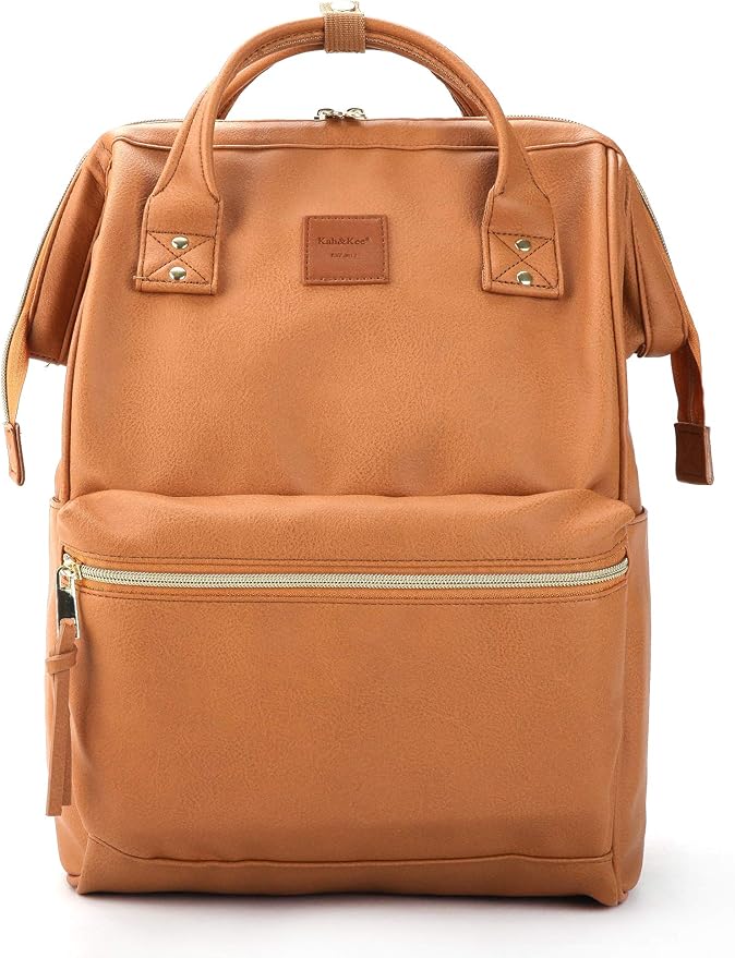 Kah&Kee Leather Laptop Backpack for Women, 14-15 Inch Professional Work Bag, Water-Resistant Vegan Leather Doctor Bag Backpack for Teacher, Nurse & Travel, Fits MacBook Air 15 (Camel Beige,Medium)