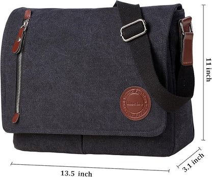 Mactso Vintage Canvas Messenger Bag for Men Women, 13.5 Inch Laptop Satchel Shoulder Bag with Multiple Pockets, Crossbody Bag for Work Travel College (Black)