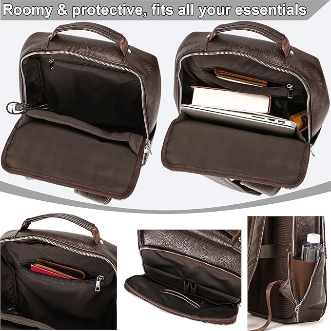 Genuine Leather 15.6 Inch Laptop Backpack for Men, Multi Pocket Slim Daypack Shoulder Bag with Trolley Sleeve for Business Travel (Brown)