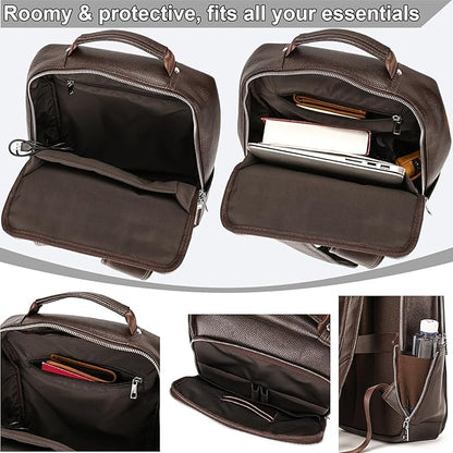 Genuine Leather 15.6 Inch Laptop Backpack for Men, Multi Pocket Slim Daypack Shoulder Bag with Trolley Sleeve for Business Travel (Brown)