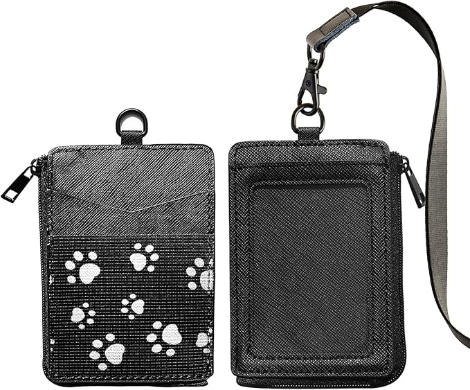2-in-1 ID Badge Holder & Elastic Card Holder Wallet,Minimalist Men & Women Zip Card Holder Wallet with Neck Lanyard,3 Card Slots and 1 Side Zipper Pocket (Black-paw)
