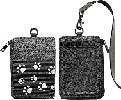 2-in-1 ID Badge Holder & Elastic Card Holder Wallet,Minimalist Men & Women Zip Card Holder Wallet with Neck Lanyard,3 Card Slots and 1 Side Zipper Pocket (Black-paw)
