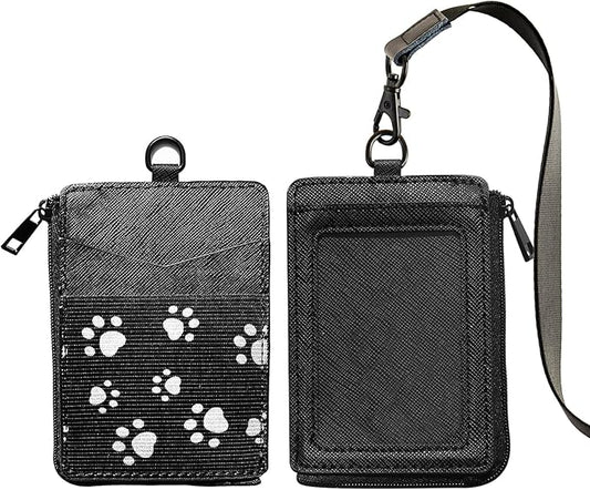 2-in-1 ID Badge Holder & Elastic Card Holder Wallet,Minimalist Men & Women Zip Card Holder Wallet with Neck Lanyard,3 Card Slots and 1 Side Zipper Pocket (Black-paw)