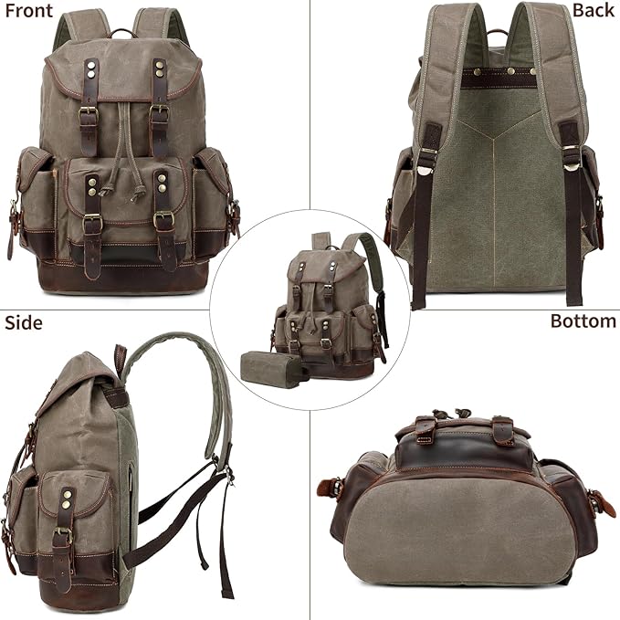 Wogarl Leather Backpack for Men, Waxed Canvas Vintage Backpack Rucksack for Business College Travel Hiking Shoulder Daypacks With Toiletry Bag(Army Green)