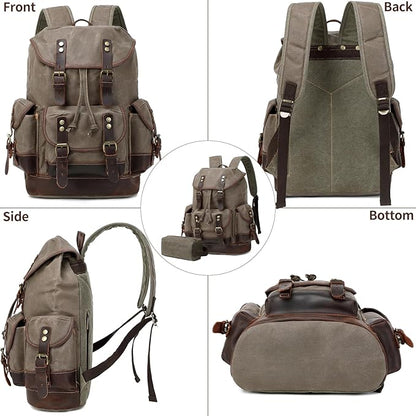 Wogarl Leather Backpack for Men, Waxed Canvas Vintage Backpack Rucksack for Business College Travel Hiking Shoulder Daypacks With Toiletry Bag(Army Green)