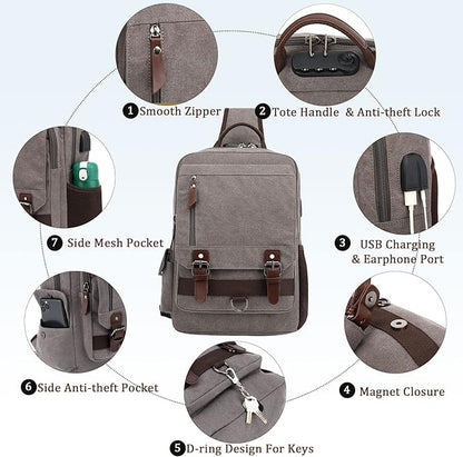BASICPOWER Laptop Sling Bag for Men Women, Sling Backpack Crossbody Bag Fits 14 inch Computer with USB Port Anti-theft