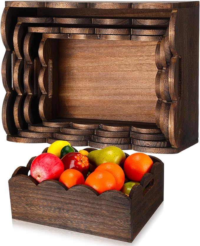 Beeveer 4 Pcs Scalloped Baskets with Handle 4 Size Wooden Countertop Storage Box Multipurpose Fruit Vegetable Crate Rectangular Decorative Serving Tray Organizer for Kitchen Bathroom Home Decor(Brown)