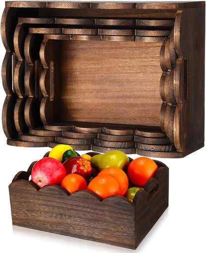 Beeveer 4 Pcs Scalloped Baskets with Handle 4 Size Wooden Countertop Storage Box Multipurpose Fruit Vegetable Crate Rectangular Decorative Serving Tray Organizer for Kitchen Bathroom Home Decor(Brown)