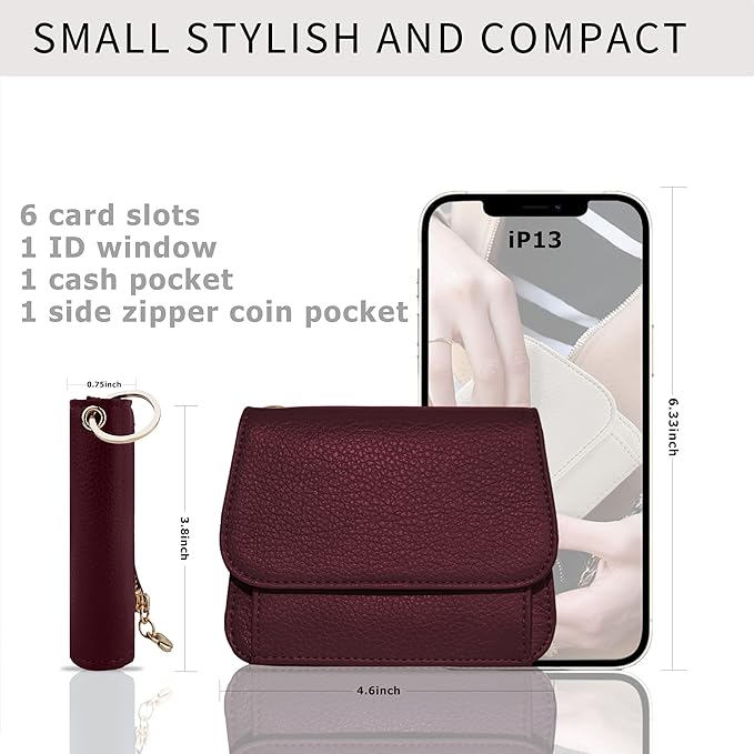 Women Small Wallet RFID Blocking Slim Wallet with Coin Pocket Tri-Fold Credit Card Holder with ID Window and Keychain (Burgundy)