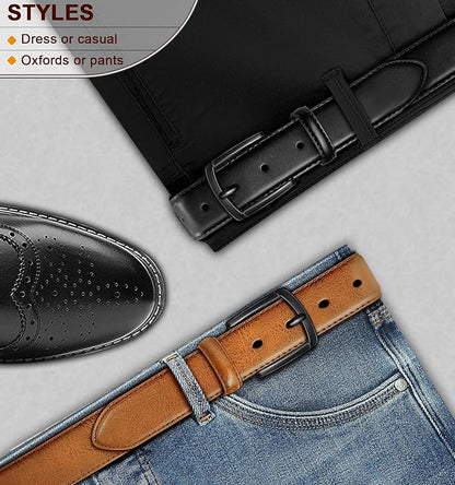 BULLIANT Men Belt 2Pack-Leather Belt 7Holes Comfortable For Men's Dress Casual Jeans 1 3/8"