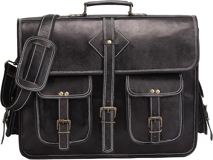 Vintage Leather Laptop Bag for Men Full Grain Large Leather Messenger bag for men 18 inches with rustic look Brown briefcase (Black)