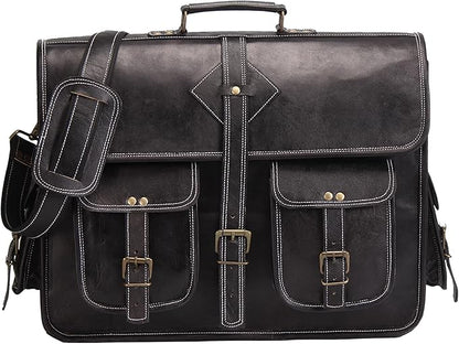 Vintage Leather Laptop Bag for Men Full Grain Large Leather Messenger bag for men 18 inches with rustic look Brown briefcase (Black)