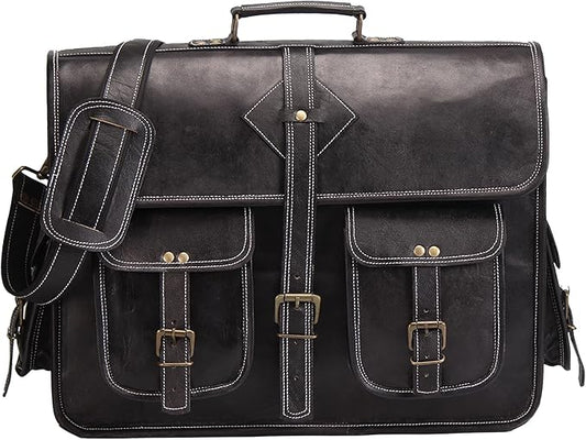Vintage Leather Laptop Bag for Men Full Grain Large Leather Messenger bag for men 18 inches with rustic look Brown briefcase (Black)