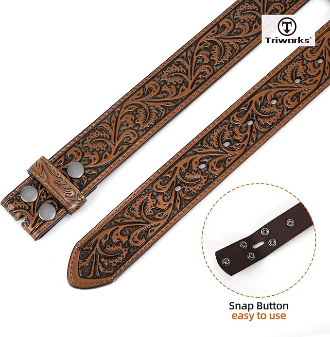 TRIWORKS Western Belt Strap for Men without Buckle 1.5" Wide Floral Engraved Embossed Leather Belt Strap
