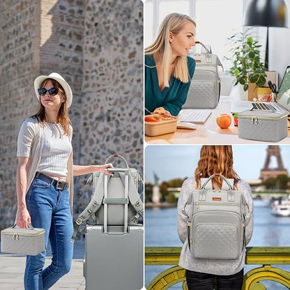 Lunch Backpack, 15.6 inch Laptop Backpack with Insulated Lunch Bag, Backpack Cooler for Women, Large Travel Backpack Lunch Box Compartment, Work Computer Backpack, Teacher College Book Bag, Grey