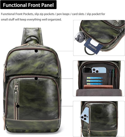 LANNSYNE Full Grain Leather Sling Bag For Men, Crossbody Bag fits 12.9" iPad Crossbody Chest Daypack