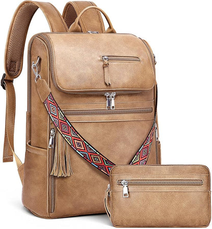 SYTRAH Leather Laptop Backpack for Women Designer Laptop Bag, 16.5 inch Travel Computer Backpacks Purse with Tassel for Work Business with Satchel Purse Camel Brown