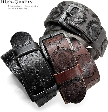Cowboy Cowgirl Western Tooled Floral Embossed Full Grain Genuine Leather Belt Strap 1-1/2"(38mm) Wide