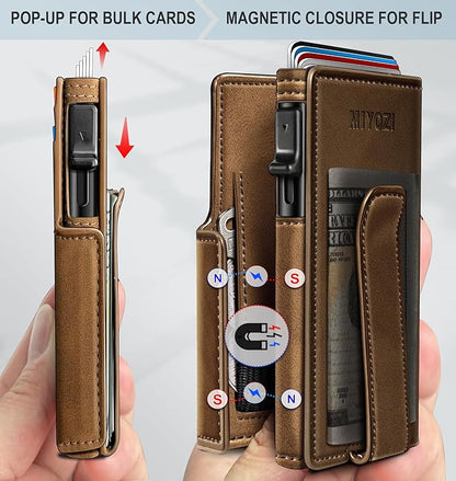 miyozi Wallet for Men, Magnetic Minimalist Slim Wallet with Pop Up Card Holder, 9 Cards RFID Blocking Metal Credit Card Case, Leather Wrapped Money Clip, ID Window & Small Item Slot, Gift Boxed