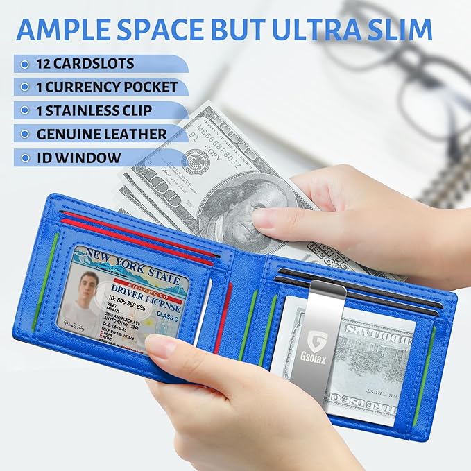 GSOIAX Slim Leather RFID Bifold Wallet for Men Minimalist Front Pocket Wallet with Money Clip,12 Card Slots,ID Window,Cool Groove Design,Includes Stocking StuffersGift Box (Carbon blue)