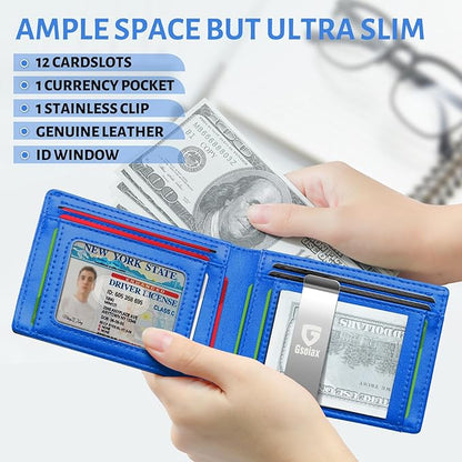 GSOIAX Slim Leather RFID Bifold Wallet for Men Minimalist Front Pocket Wallet with Money Clip,12 Card Slots,ID Window,Cool Groove Design,Includes Stocking StuffersGift Box (Carbon blue)