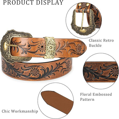 Mealah Vintage Western-Cowboy-Belt for Women Men - Carved Buckle PU Leather Waist Belts (for Waist 28"-38")
