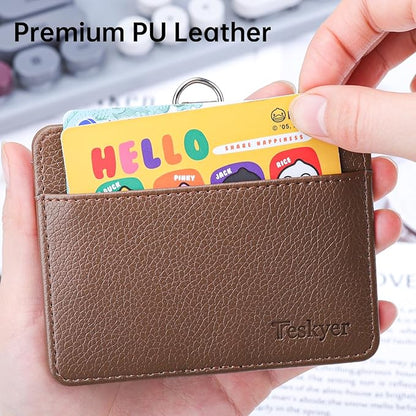 Teskyer Badge Holder with Lanyard, Leather ID Name Badge Card Holder with Lanyard for ID Badges, Horizontal, Lychee Pattern Coffee