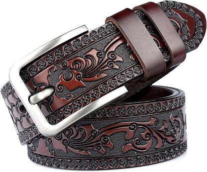 INOGIH Mens Western Floral Engraved Embossed Tooled Genuine Leather Belt - Square Buckle Casual Belt For Daily Decoration