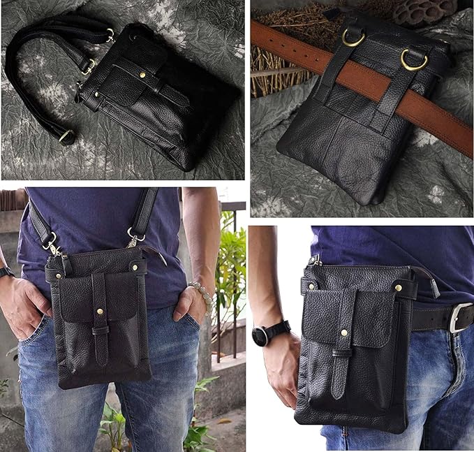 Le'aokuu Mens Genuine Leather Fanny Small Messenger Shoulder Satchel Waist Bag Pack 8711