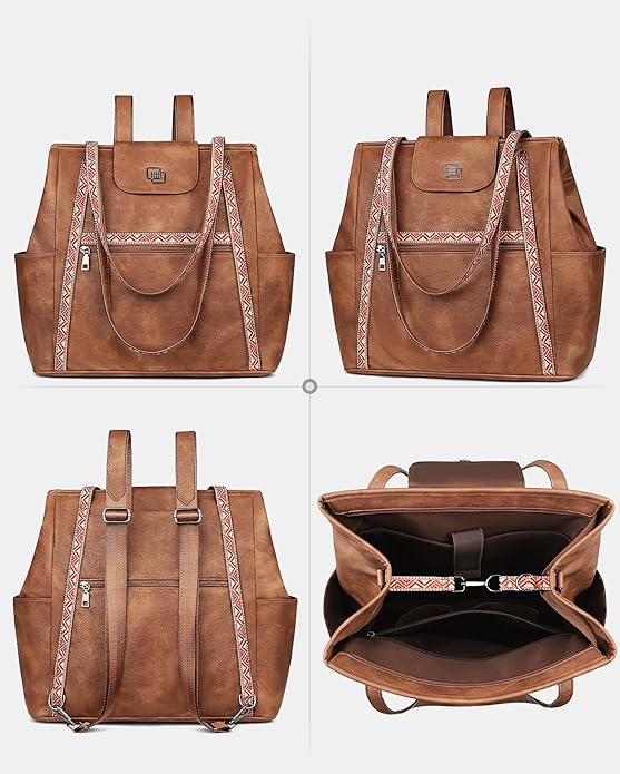 FADEON Large Laptop Tote Bag for Women Designer Leather Laptop Bag Fashion Travel Backpack Purse Shoulder Handbag