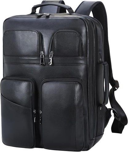 TIDING 17.3" Leather Laptop Backpack for Men Multi Pockets Casual Daypack Business Travel Rucksack, Black