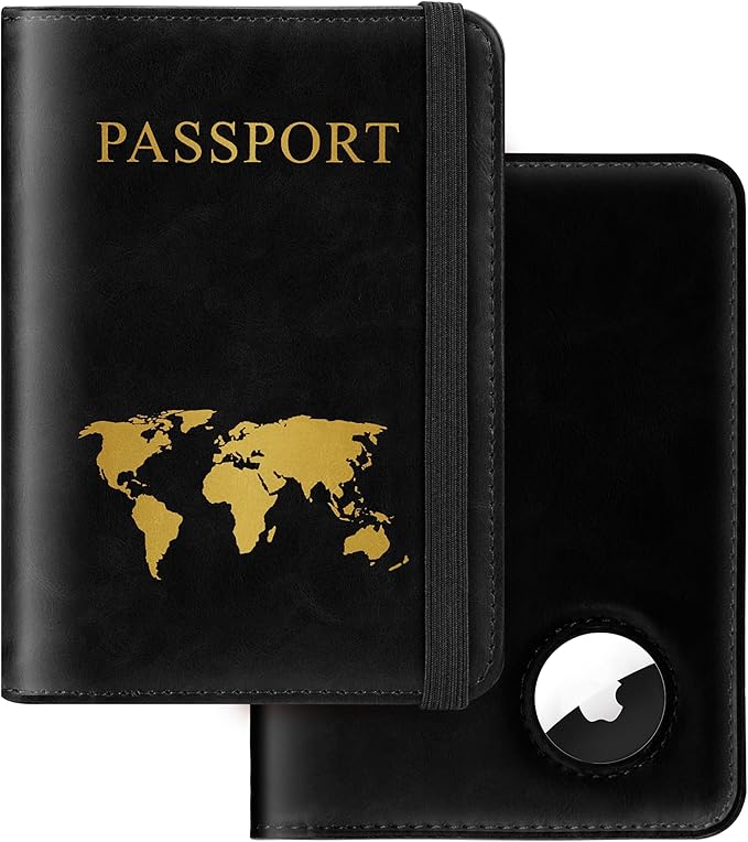Passport Holder for Travel Women Men - Passport Cover Wallet with Airtag Slot - RFID Blocking PU Leather Passport Holder Case with Card Holder, Pen Slot - Black
