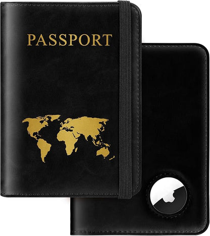 Passport Holder for Travel Women Men - Passport Cover Wallet with Airtag Slot - RFID Blocking PU Leather Passport Holder Case with Card Holder, Pen Slot - Black