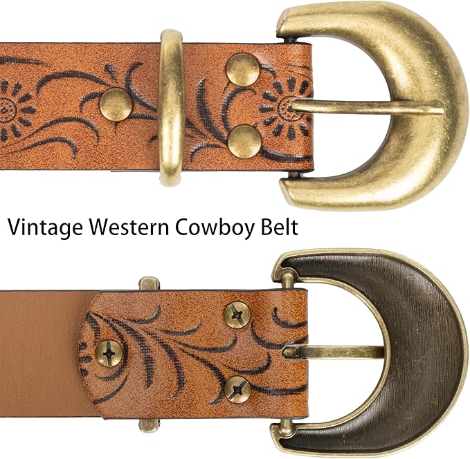 Mealah Vintage Western-Cowboy-Belt for Women Men - Carved Buckle PU Leather Waist Belts (for Waist 28"-38")